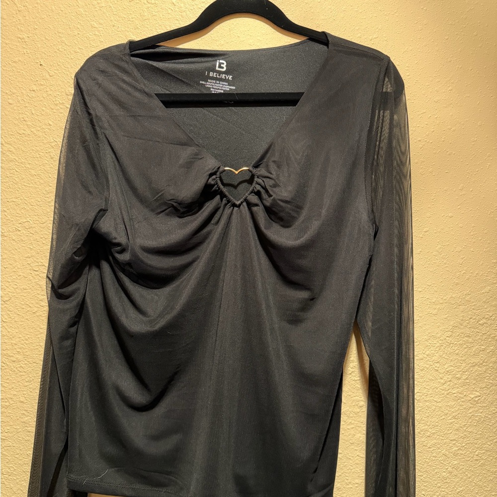 Black Long-Sleeve V-Neck Top with Heart Accent